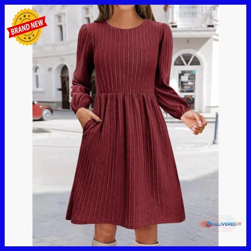 Knee-Length A-Line Sweater Dress with Pockets, Long Sleeve Crew Neck